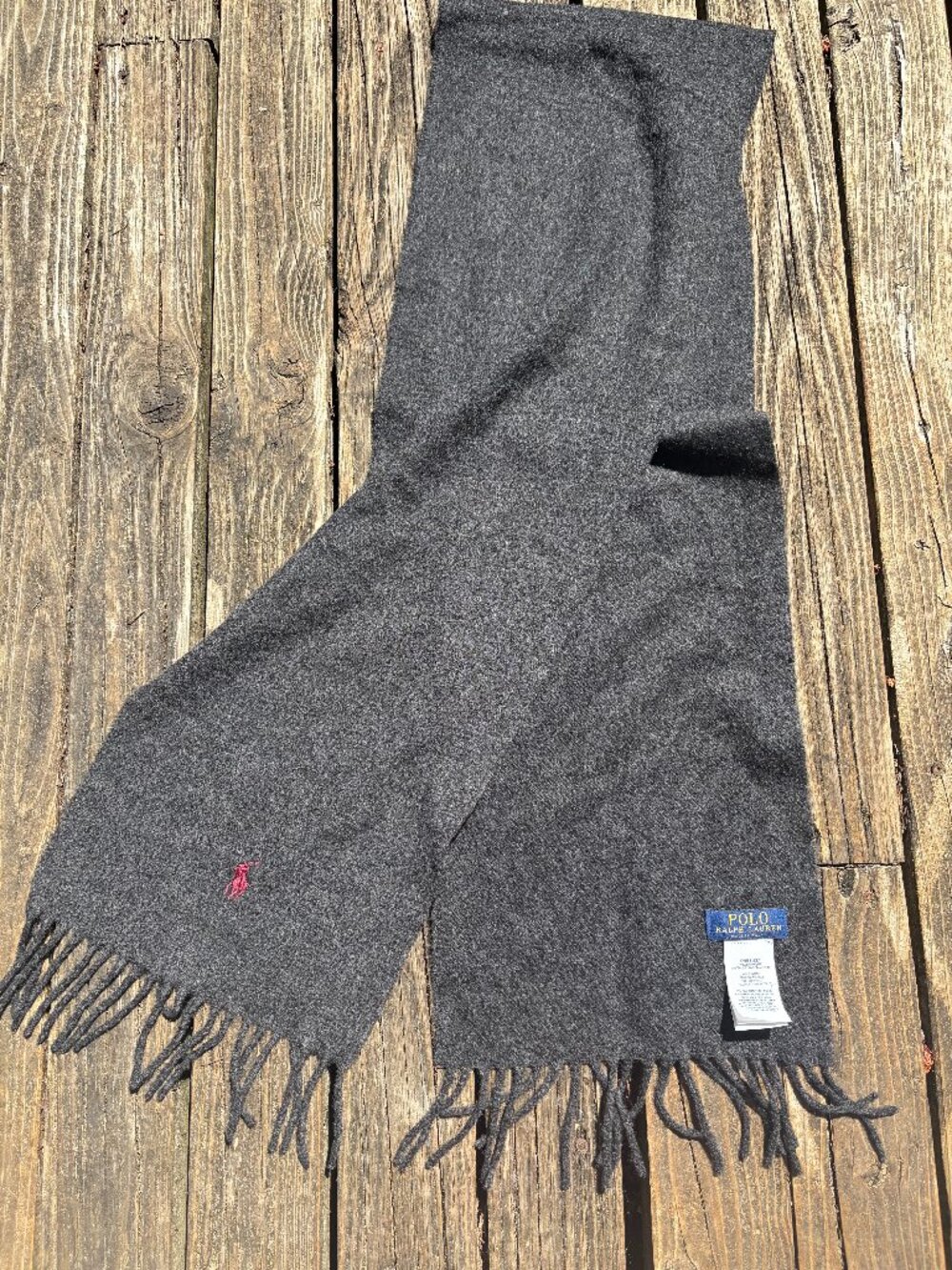 Polo Ralph Lauren Made in Italy 55% Cashmere 45% Wool Scarf Gray Red Pony